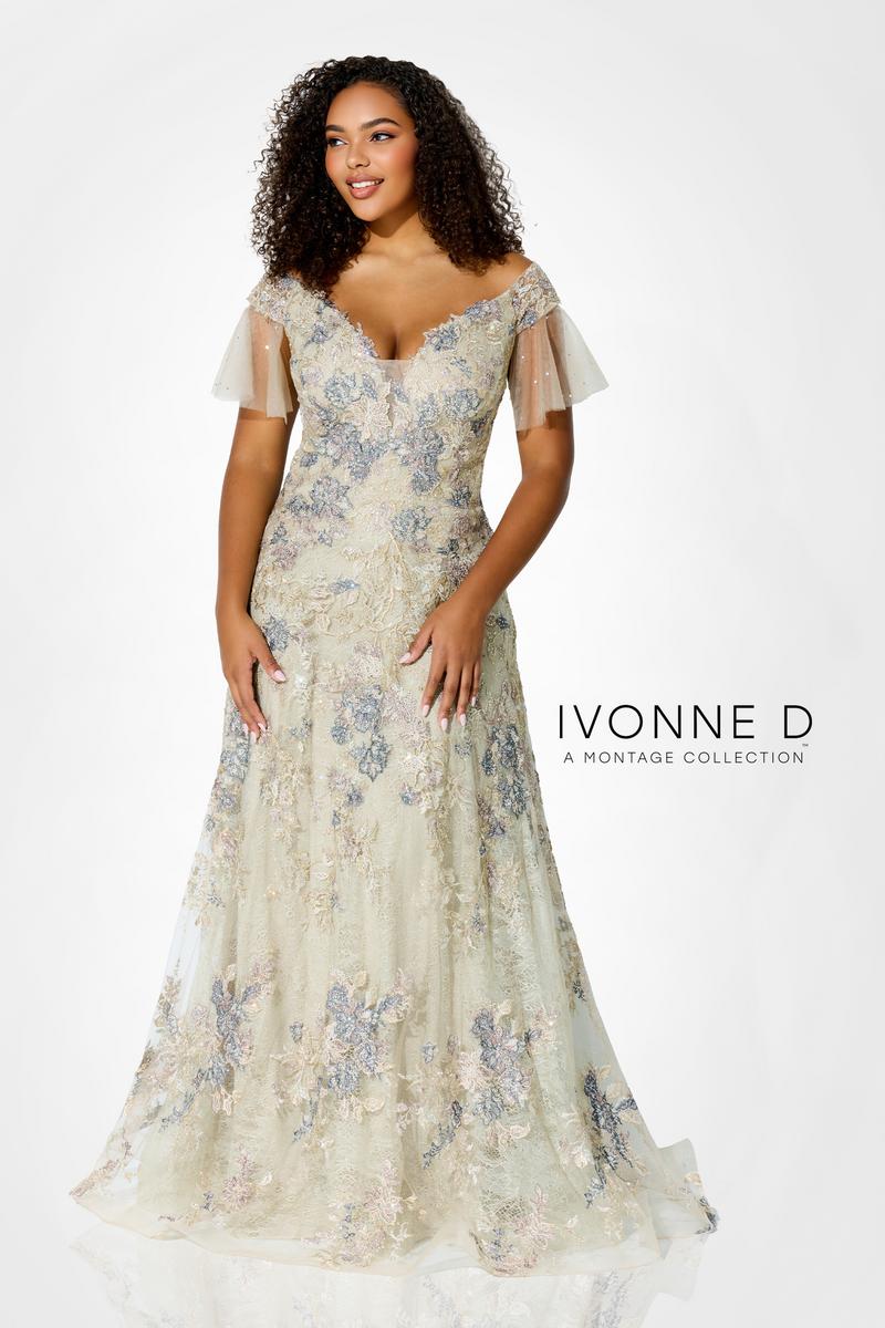 Ivonne D Flutter Sleeve Lace Evening Dress 122D63