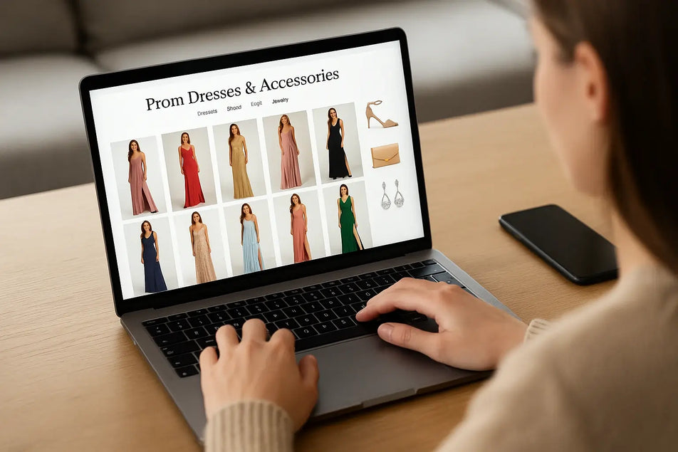Girl shopping for prom dresses on laptop with multiple browser tabs open showing dress options