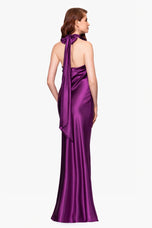 Betsy and Adam "Shannon" Halter Necktie Satin Maxi Dress A26454