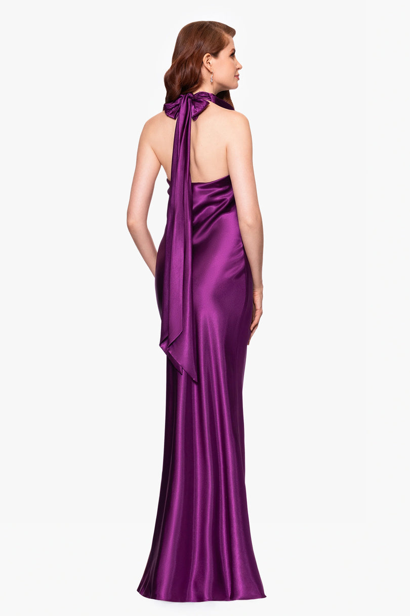 betsy and adam purple dress & "Debra" Strapless Satin Gown A26846 length silhouette with graceful drop shoulders and luxurious satin fabric Betsy and Adam purple dress
