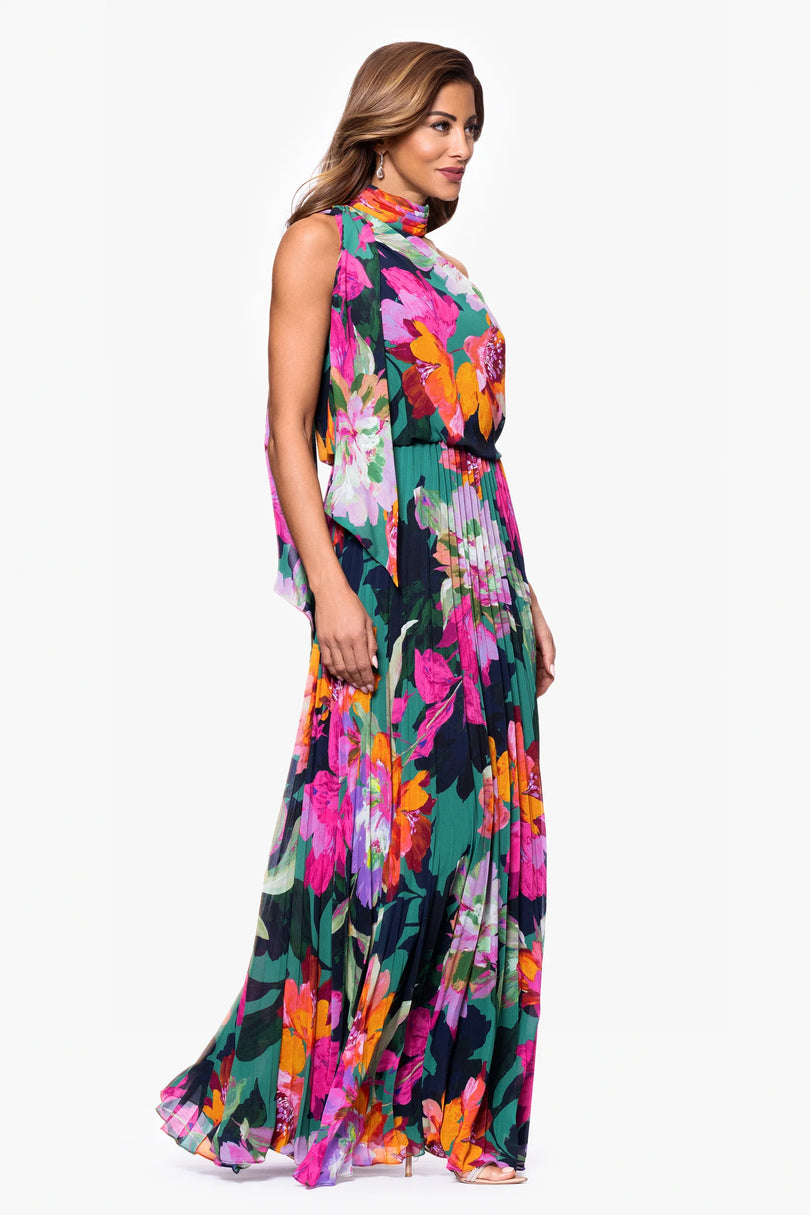 xscape fit and flare floral dress XSCAPE Navy and Gold Floral, Fit and Flare, Halter Dress