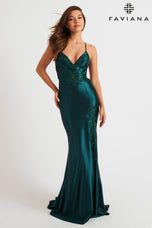 Faviana Satin Lace V-Neck Prom Dress 11010