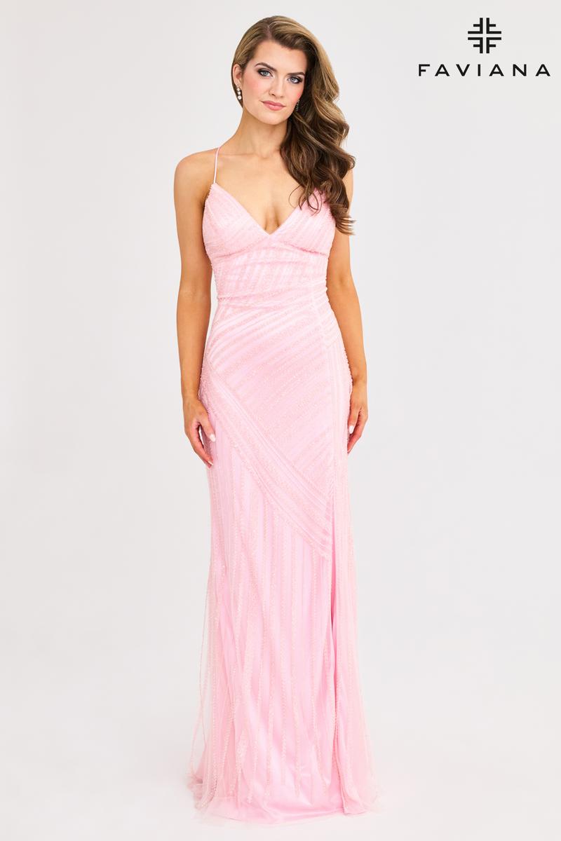 Faviana Beaded V-Neck Open Back Prom Dress 11270 Light Pink / 2 Faviana Beaded V-Neck Open Back Prom Dress 11270 Light Pink / 2