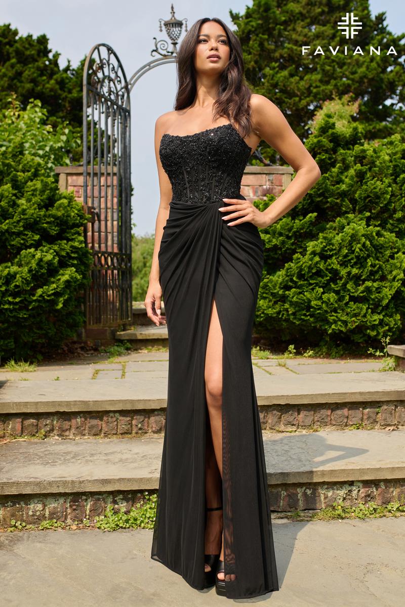 Faviana Strapless Beaded Side Ruched Prom Dress 11445
