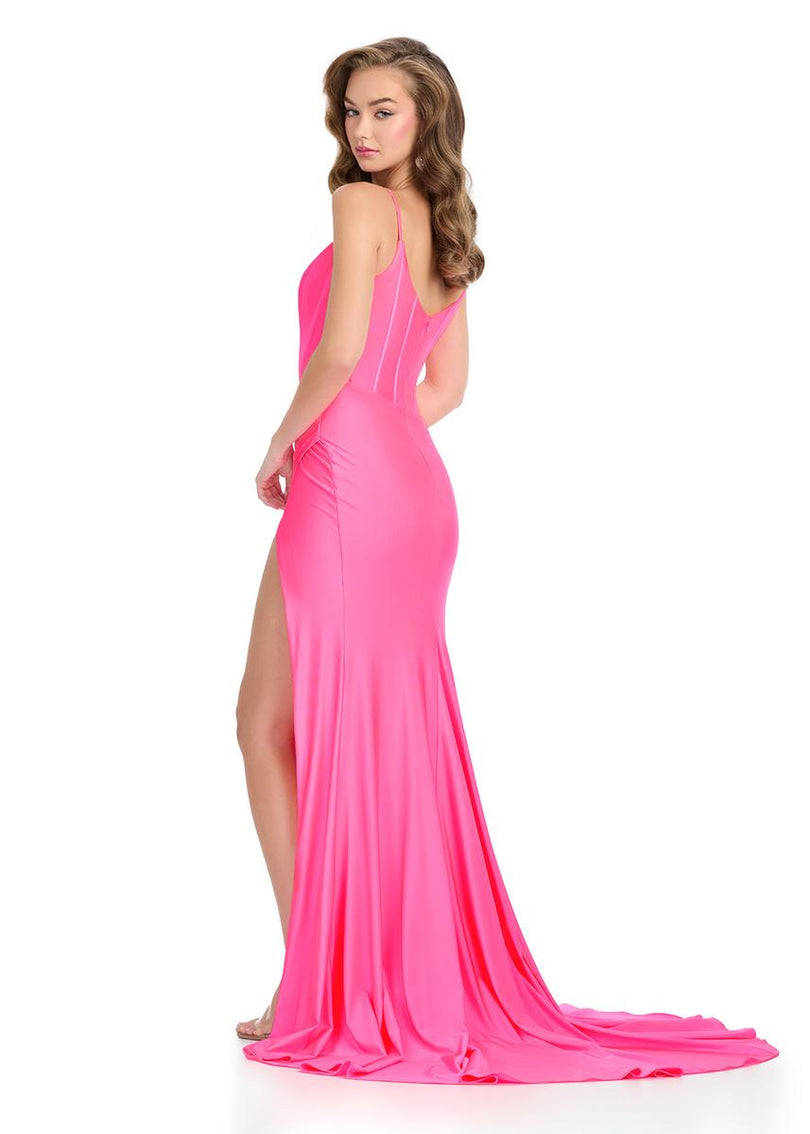 prom dress with wrap Ballroom Lavender Tulle Long Slit Off Shoulder This dress has a slit cut and a train Elegant Ruched Wrap Hem Satin