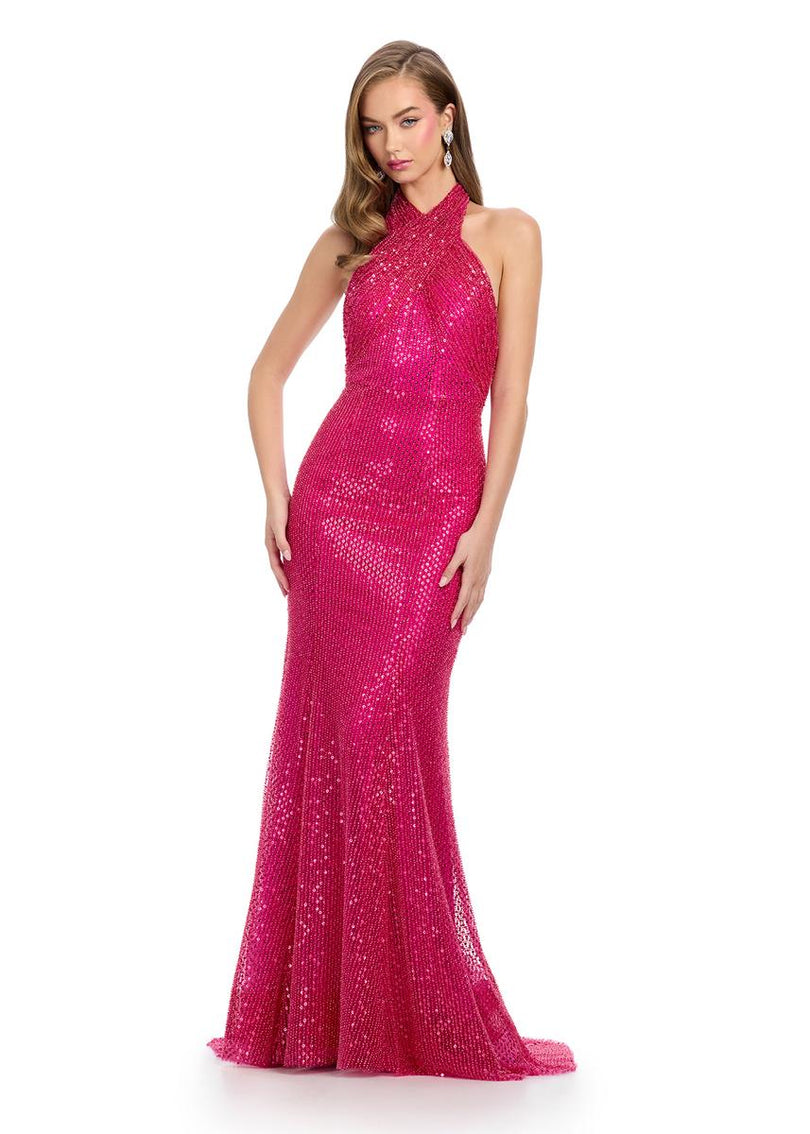 ASHLEYlauren Criss-Cross Beaded Halter 11922 Nude / 2 ASHLEYlauren Criss-Cross Beaded Halter 11922 Nude / 2