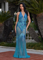 ASHLEYlauren Halter Beaded Illusion Prom Dress 11956