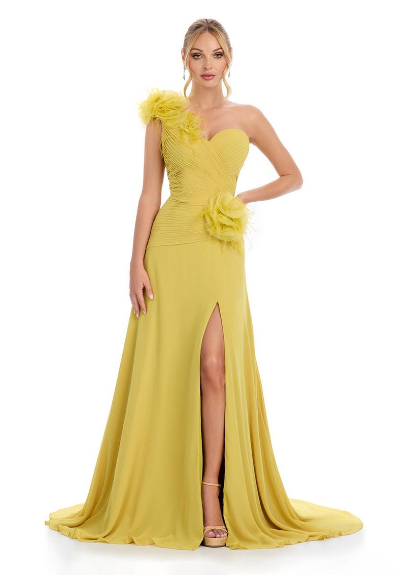 ASHLEYlauren One Shoulder Feather Prom Dress 11969 Mustard / 4 ASHLEYlauren One Shoulder Feather Prom Dress 11969 Mustard / 4