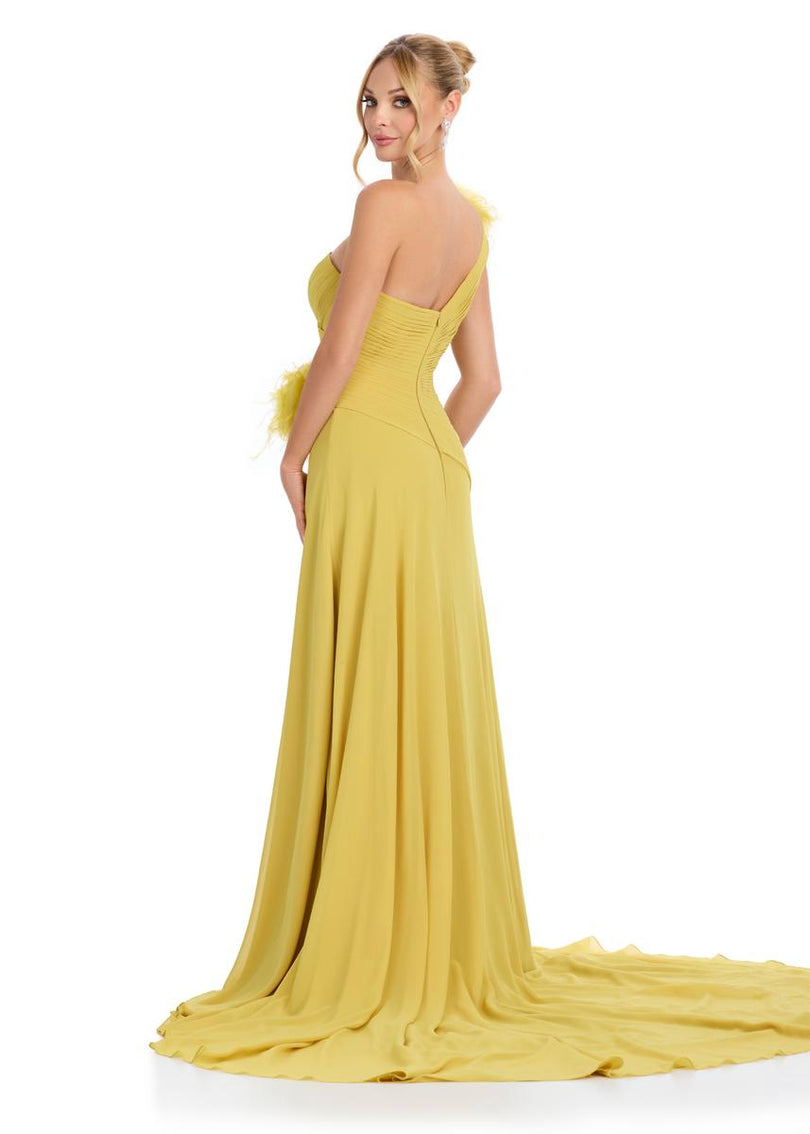 ASHLEYlauren One Shoulder Feather Prom Dress 11969 Mustard / 4 ASHLEYlauren One Shoulder Feather Prom Dress 11969 Mustard / 4