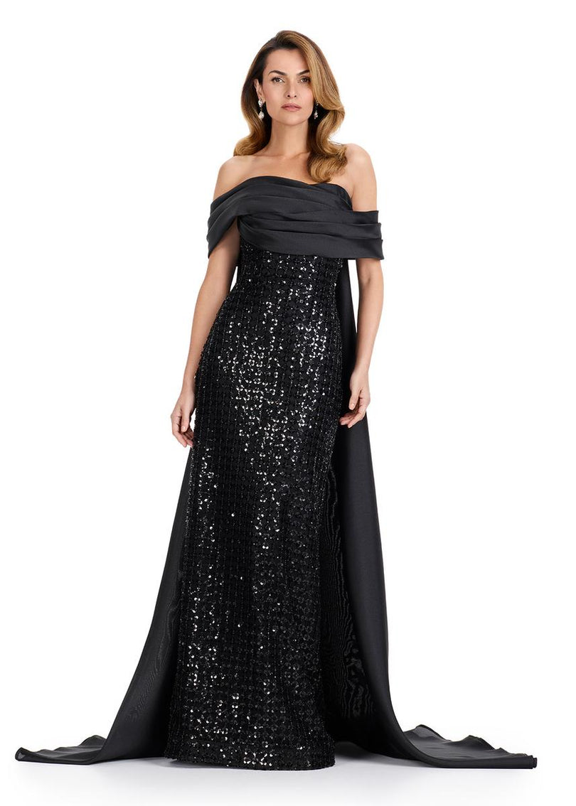 ASHLEYlauren Off-Shoulder Beaded Evening Gown 12020