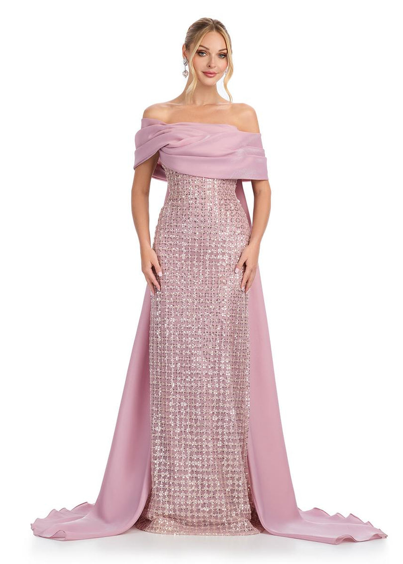 ASHLEYlauren Off-Shoulder Beaded Evening Gown 12020 Blush / 20 ASHLEYlauren Off-Shoulder Beaded Evening Gown 12020 Blush / 20