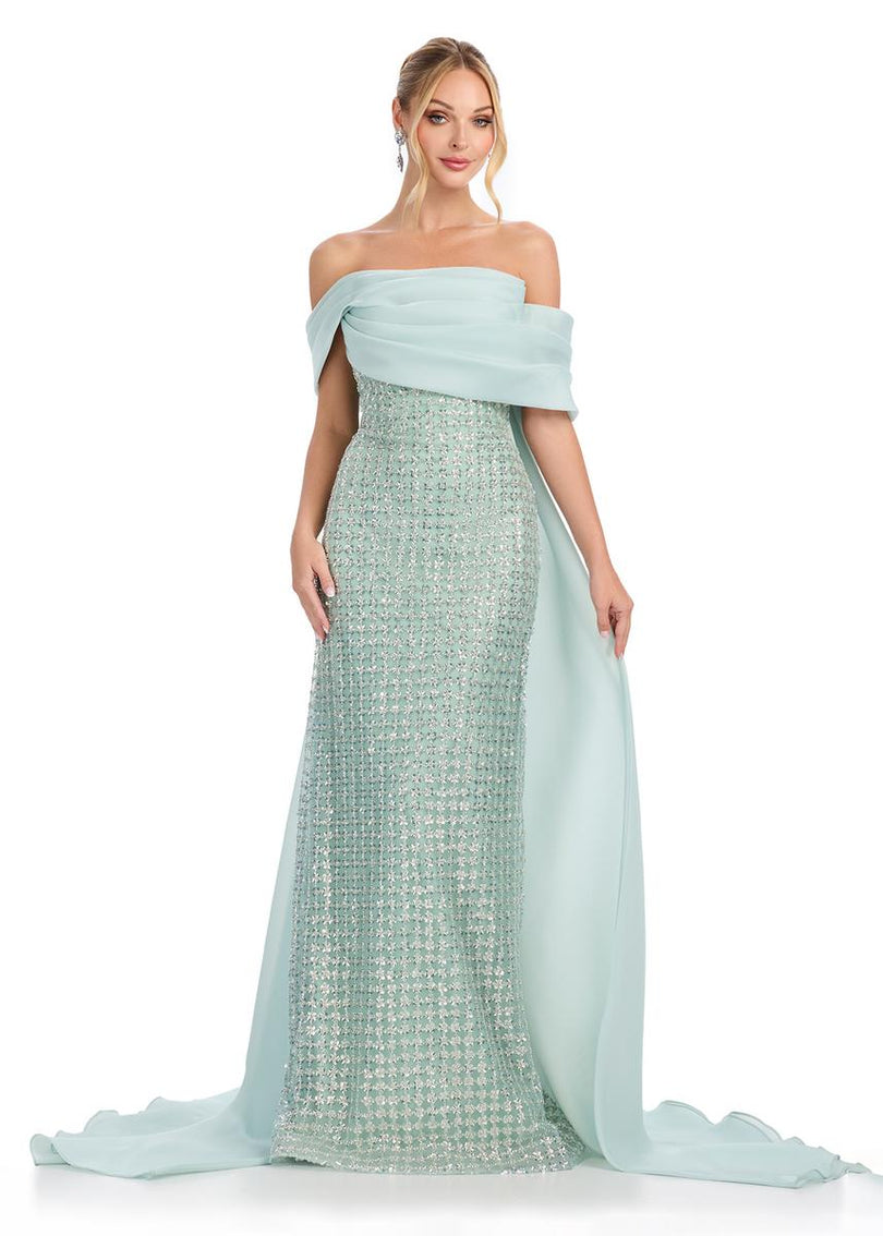 ASHLEYlauren Off-Shoulder Beaded Evening Gown 12020