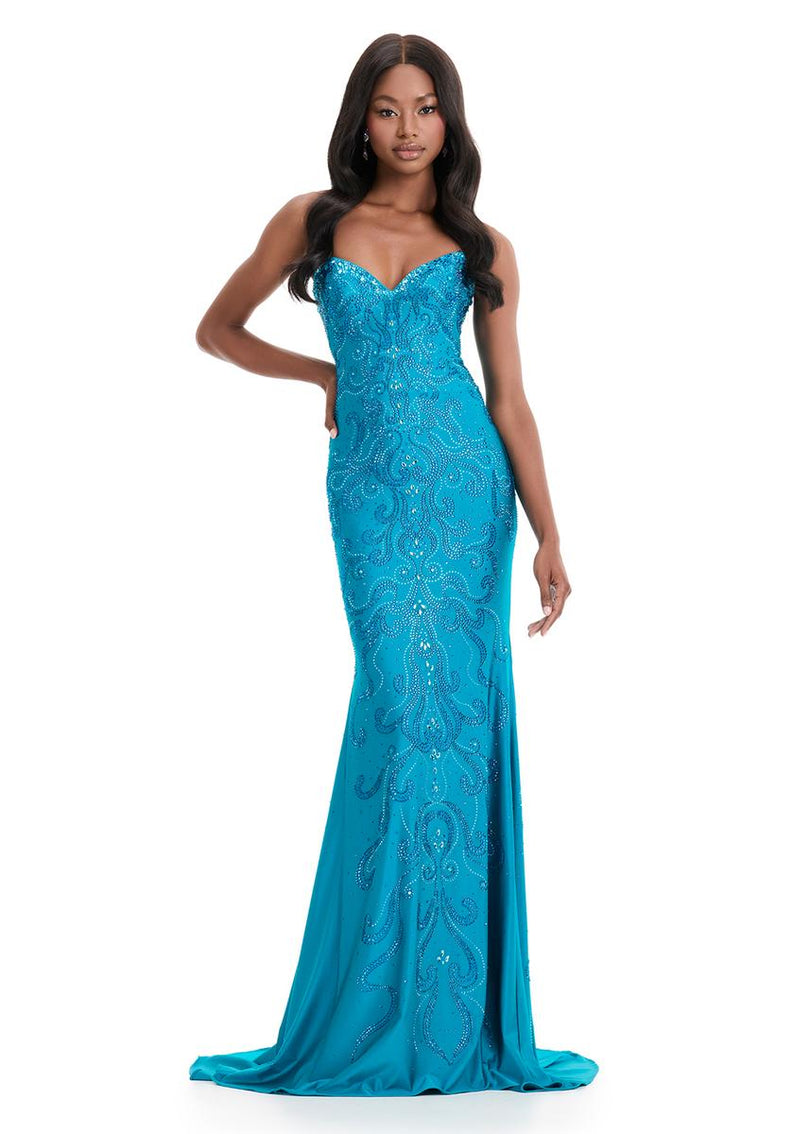 ASHLEYlauren Elegant Heat Stone Prom Dress 12074 Peacock / 2 ASHLEYlauren Elegant Heat Stone Prom Dress 12074 Peacock / 2