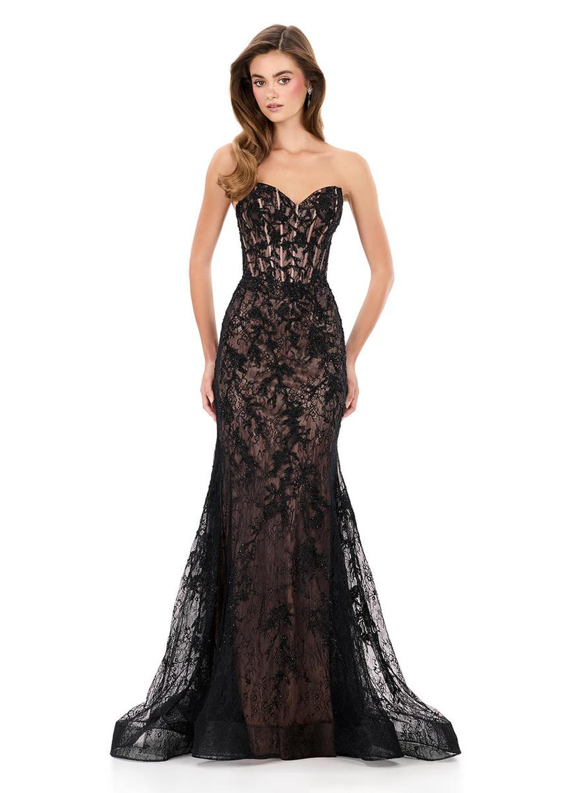 ASHLEYlauren Strapless Lace Fitted Prom Dress 12081