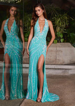 ASHLEYlauren Beaded Halter Dress 12151