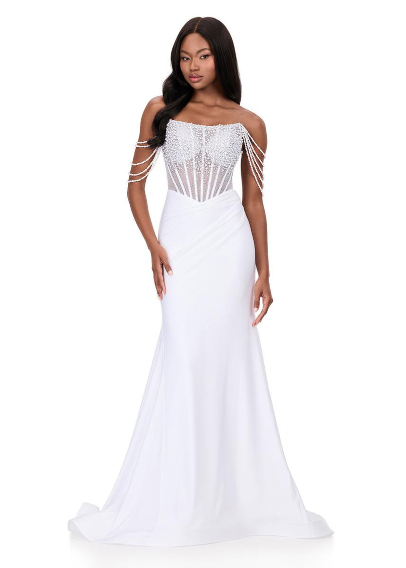 ASHLEYlauren Pearl Off Shoulder Prom Dress 12154