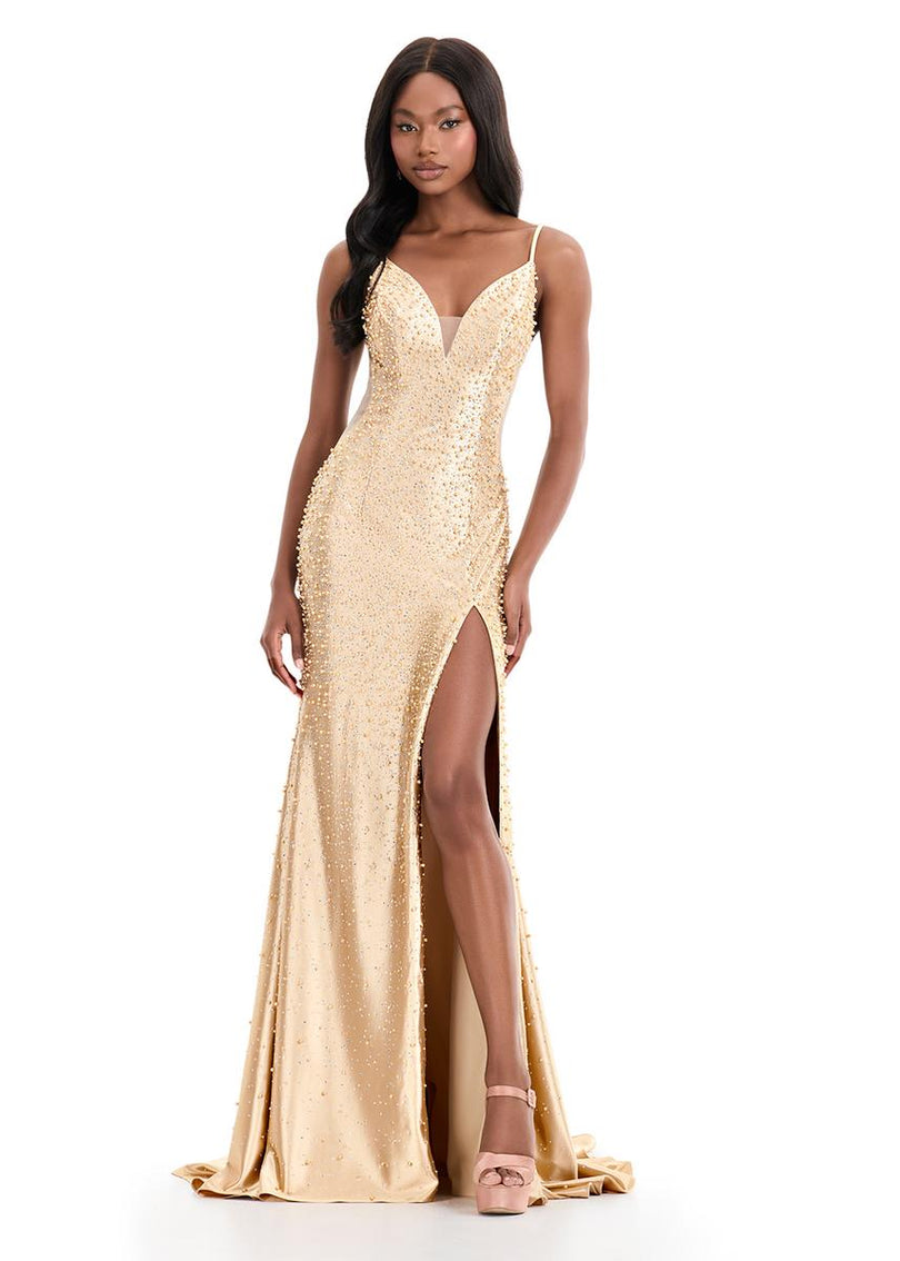 ASHLEYlauren Tight Pearl Open Back Prom Dress 12155 ASHLEYlauren Tight Pearl Open Back Prom Dress 12155