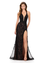 ASHLEYlauren Lace Halter Prom Dress 12156
