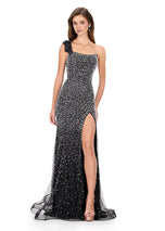 ASHLEYlauren Bow Shoulder Pearl Prom Dress 12157