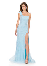 ASHLEYlauren Bow Shoulder Pearl Prom Dress 12157