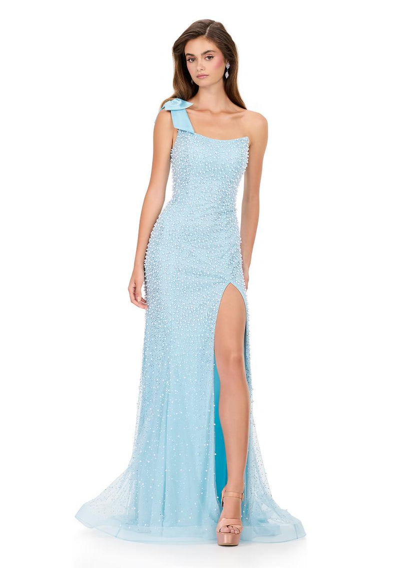 ASHLEYlauren Bow Shoulder Pearl Prom Dress 12157