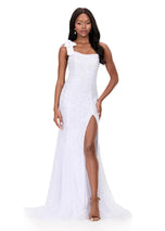 ASHLEYlauren Bow Shoulder Pearl Prom Dress 12157