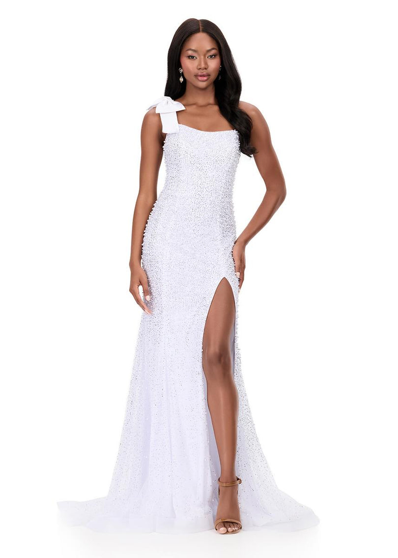 ASHLEYlauren Bow Shoulder Pearl Prom Dress 12157 ASHLEYlauren Bow Shoulder Pearl Prom Dress 12157