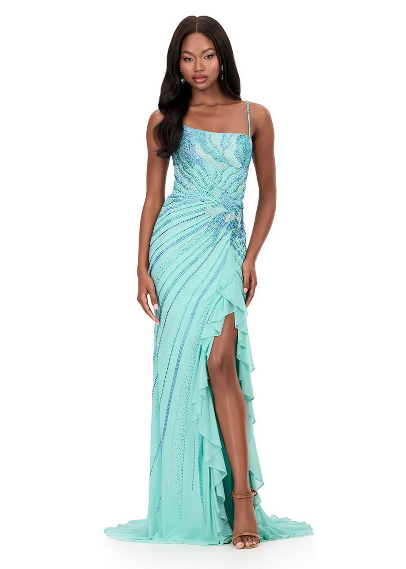 ASHLEYlauren Hot Stone Ruffle Slit Prom Dress 12166