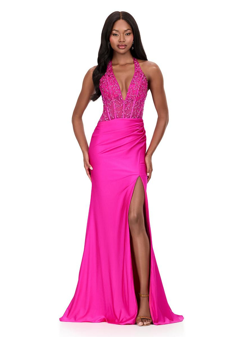 ASHLEYlauren Illusion Corset Halter Prom Dress 12169
