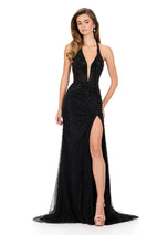 ASHLEYlauren Beaded Lace Halter Prom Dress 12177