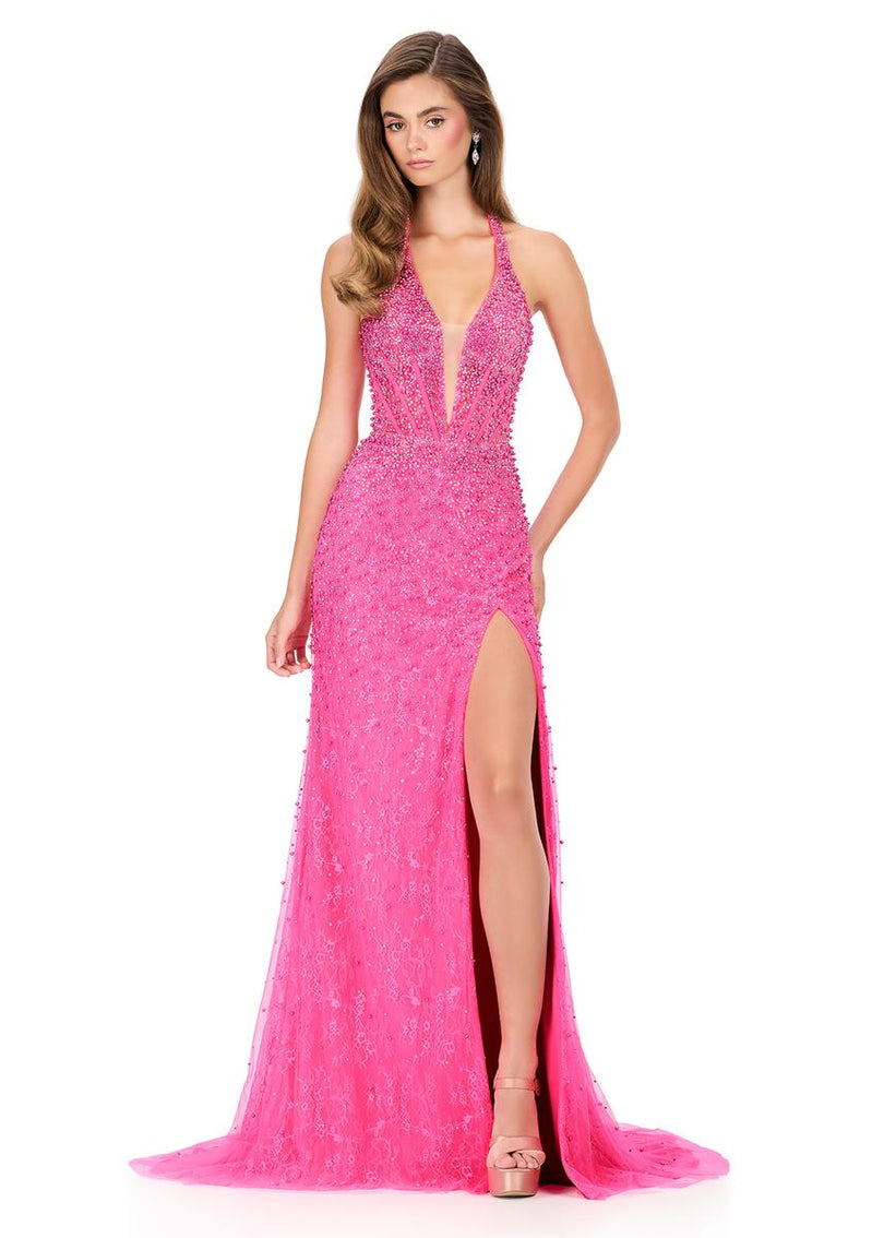 ASHLEYlauren Beaded Lace Halter Prom Dress 12177