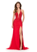 ASHLEYlauren Beaded Lace Halter Prom Dress 12177