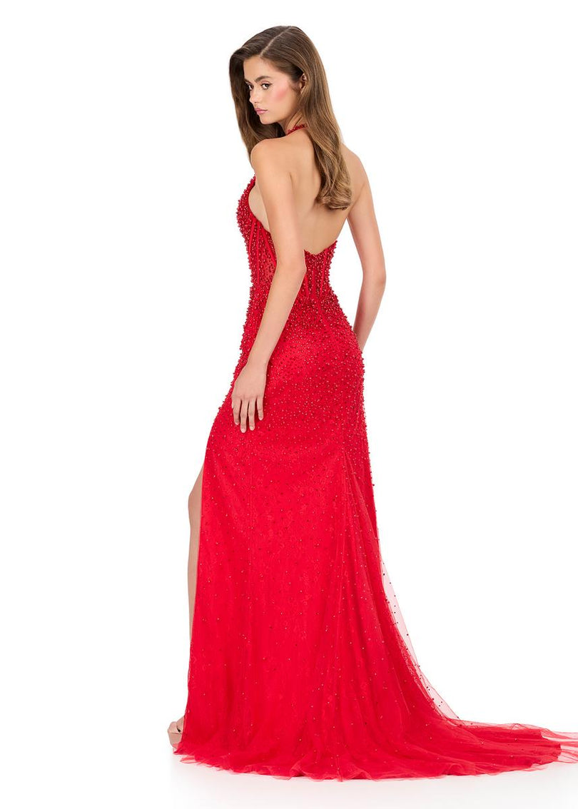 ASHLEYlauren Beaded Lace Halter Prom Dress 12177