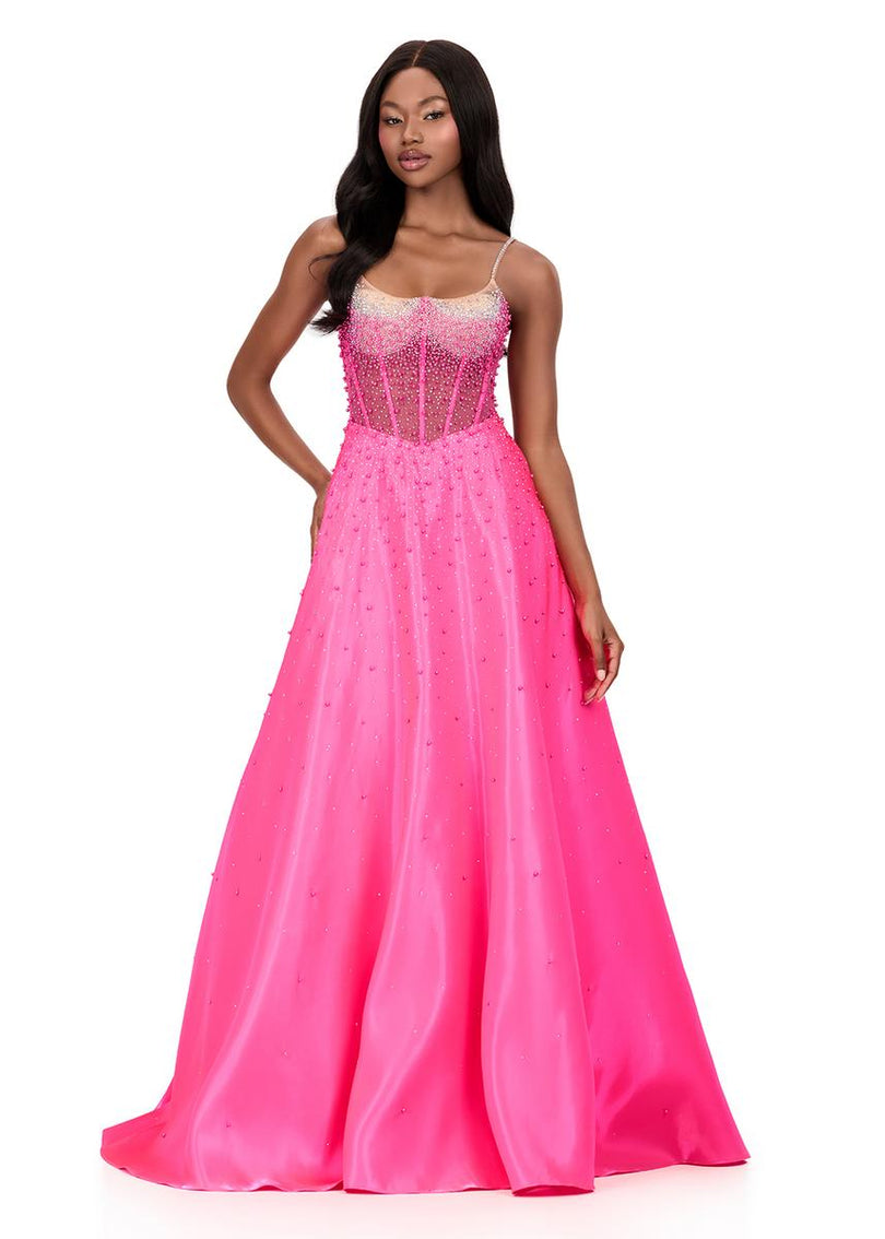 ASHLEYlauren Beaded Pearl Corset Prom Dress 12182