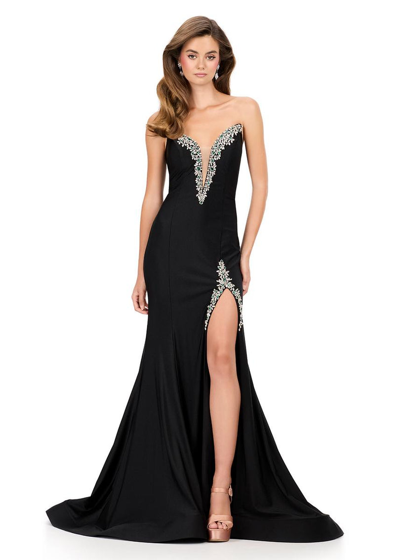 ASHLEYlauren Plunging Bead Accented Prom Dress 12191