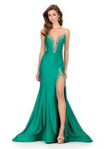 ASHLEYlauren Plunging Bead Accented Prom Dress 12191