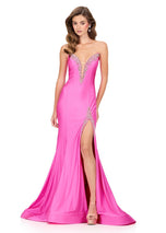 ASHLEYlauren Plunging Bead Accented Prom Dress 12191