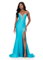 ASHLEYlauren Plunging Bead Accented Prom Dress 12191