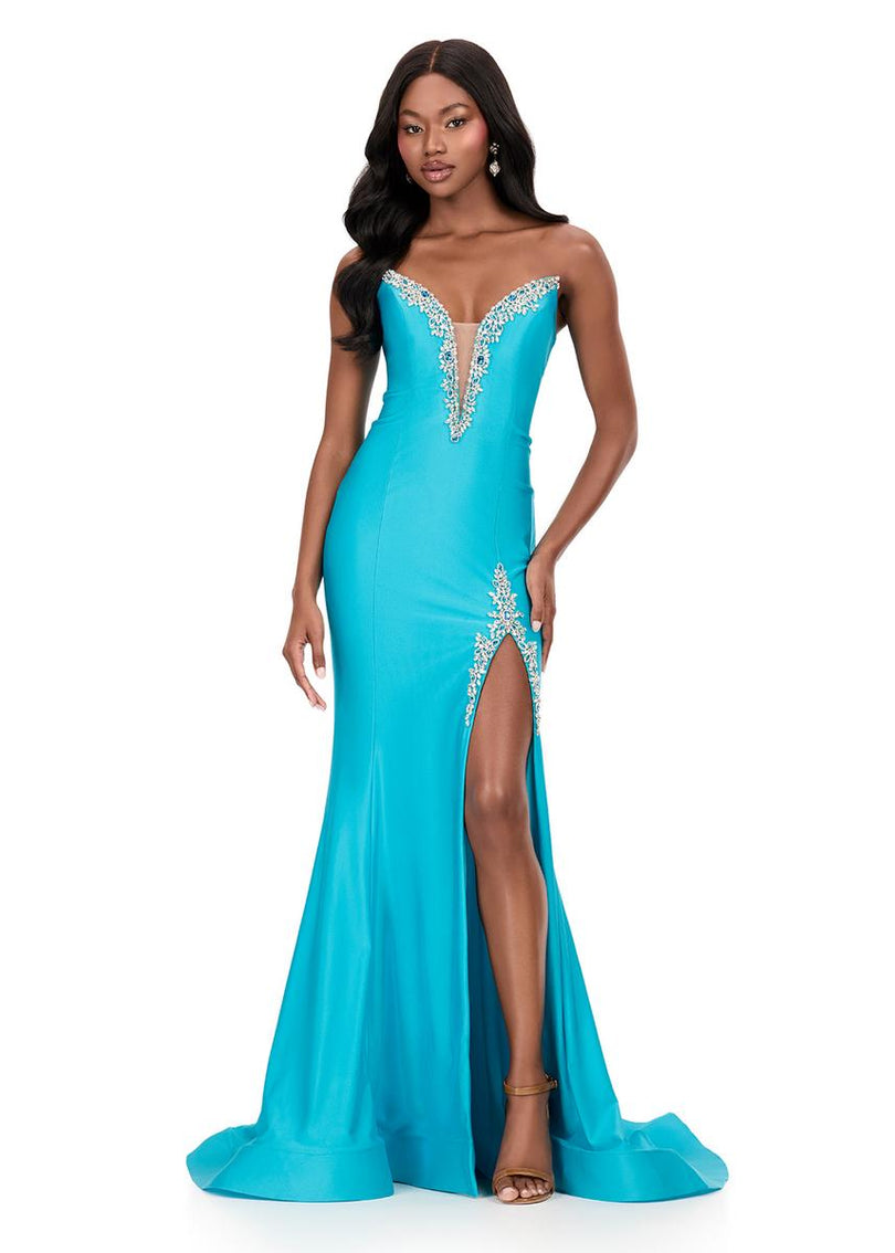 ASHLEYlauren Plunging Bead Accented Prom Dress 12191