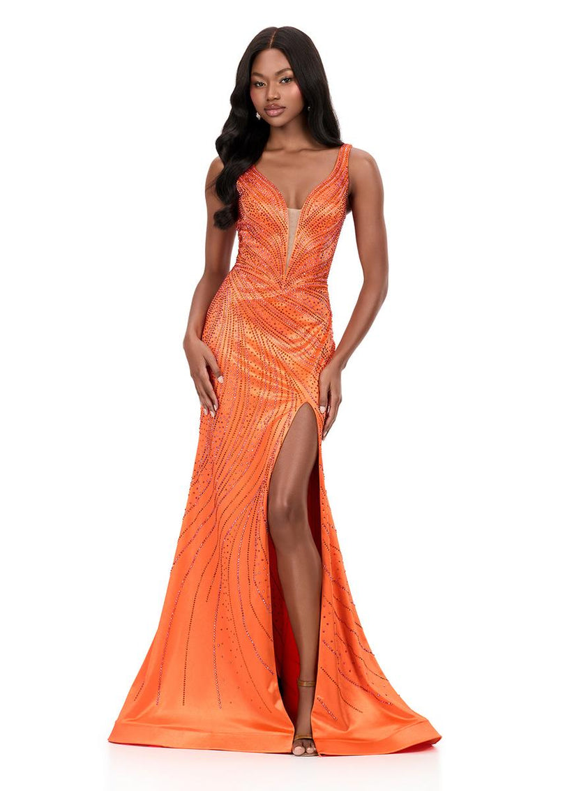 ASHLEYlauren Plunging Hot Stone Prom Dress 12203