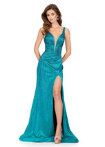 ASHLEYlauren Plunging Hot Stone Prom Dress 12203