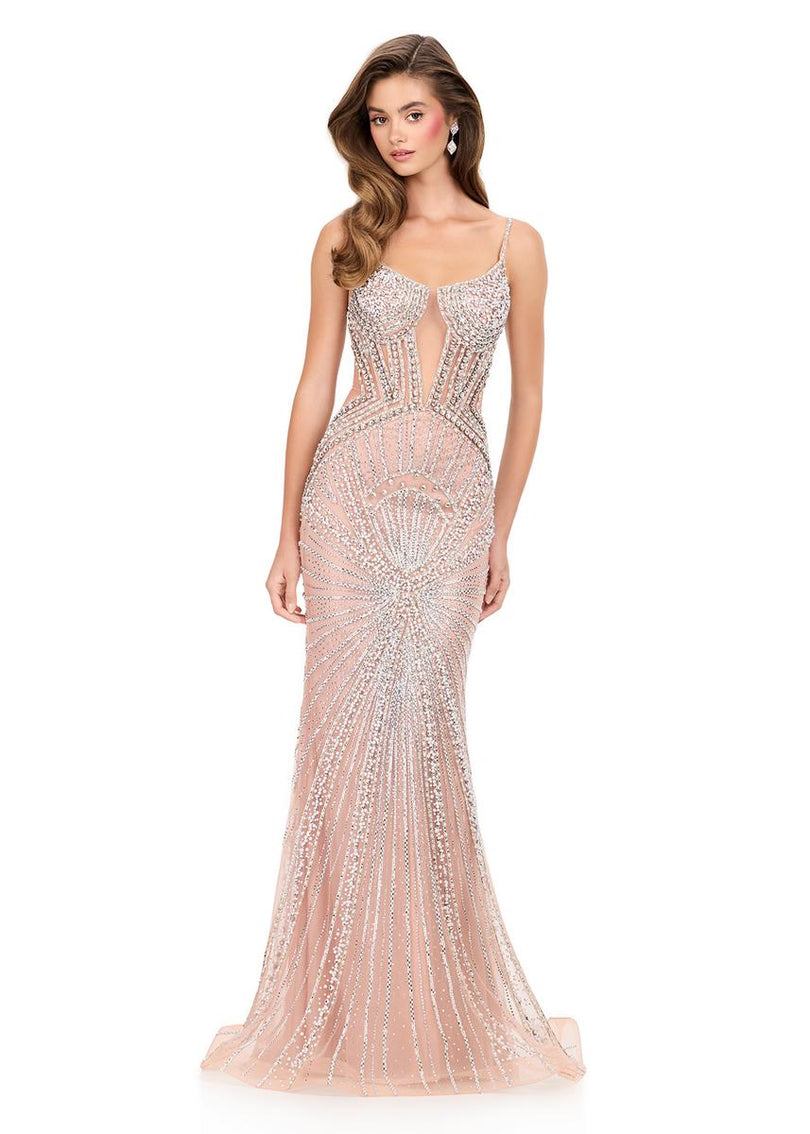 ASHLEYlauren Beaded Illusion Side Prom Dress 12219