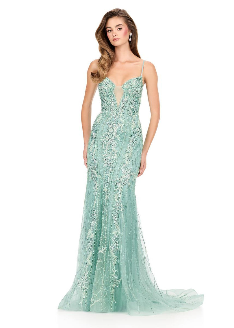 ASHLEYlauren Illusion Overlay Prom Dress 12221