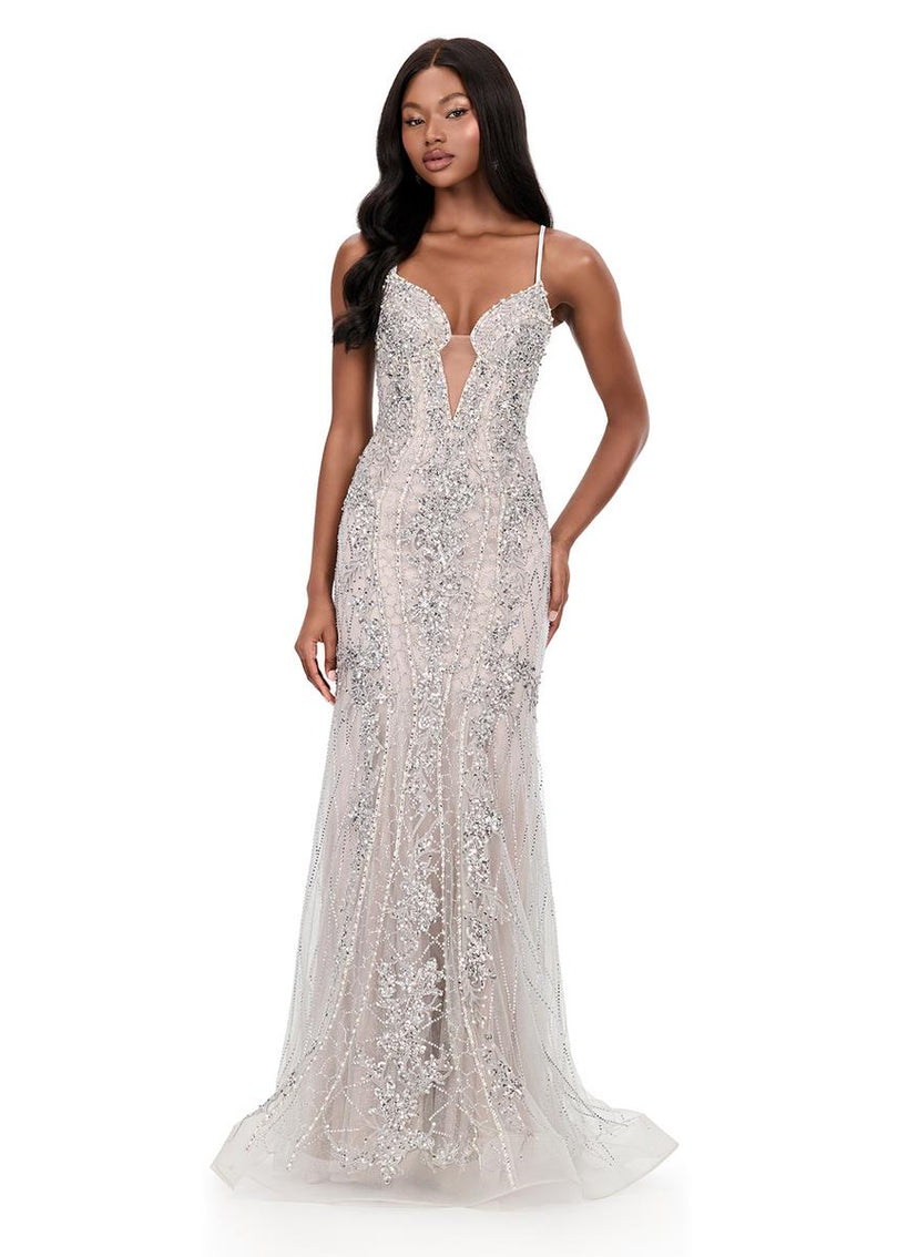 prom dress with overlay Elegant One Shoulder Sleeveless Mesh Overlay Sequin Formal Prom Dress Champagne / XS