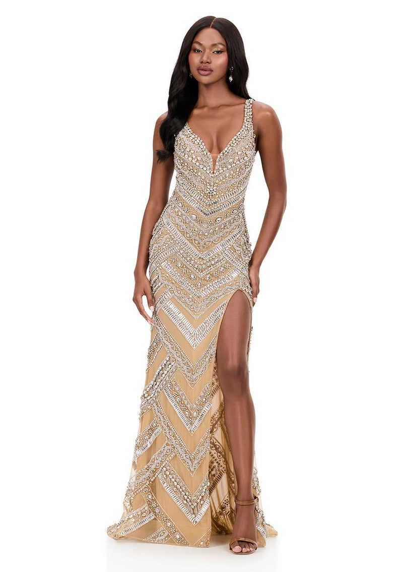 ASHLEYlauren Beaded V-Neck Fitted Prom Dress 12228