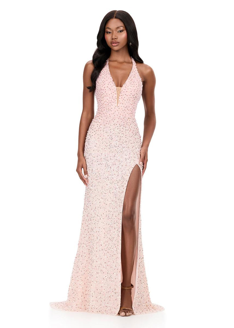 ASHLEYlauren Beaded Halter Fitted Prom Dress 12232