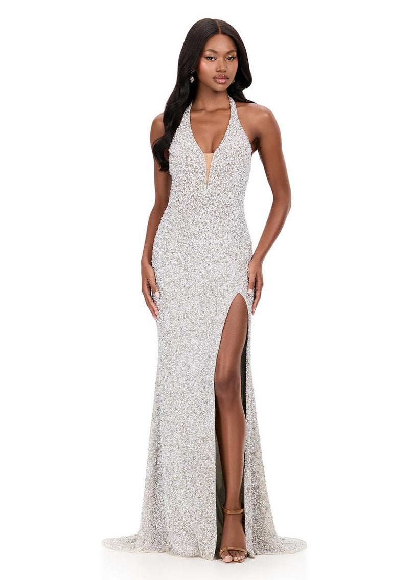 ASHLEYlauren Beaded Halter Fitted Prom Dress 12232