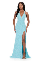 ASHLEYlauren Beaded Halter Fitted Prom Dress 12232