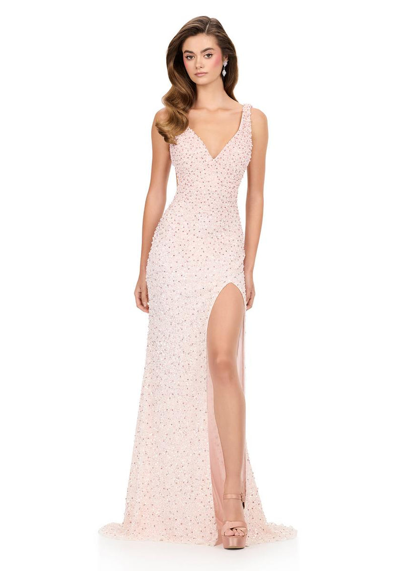 ASHLEYlauren Open Back Fitted Beaded Prom Dress 12243