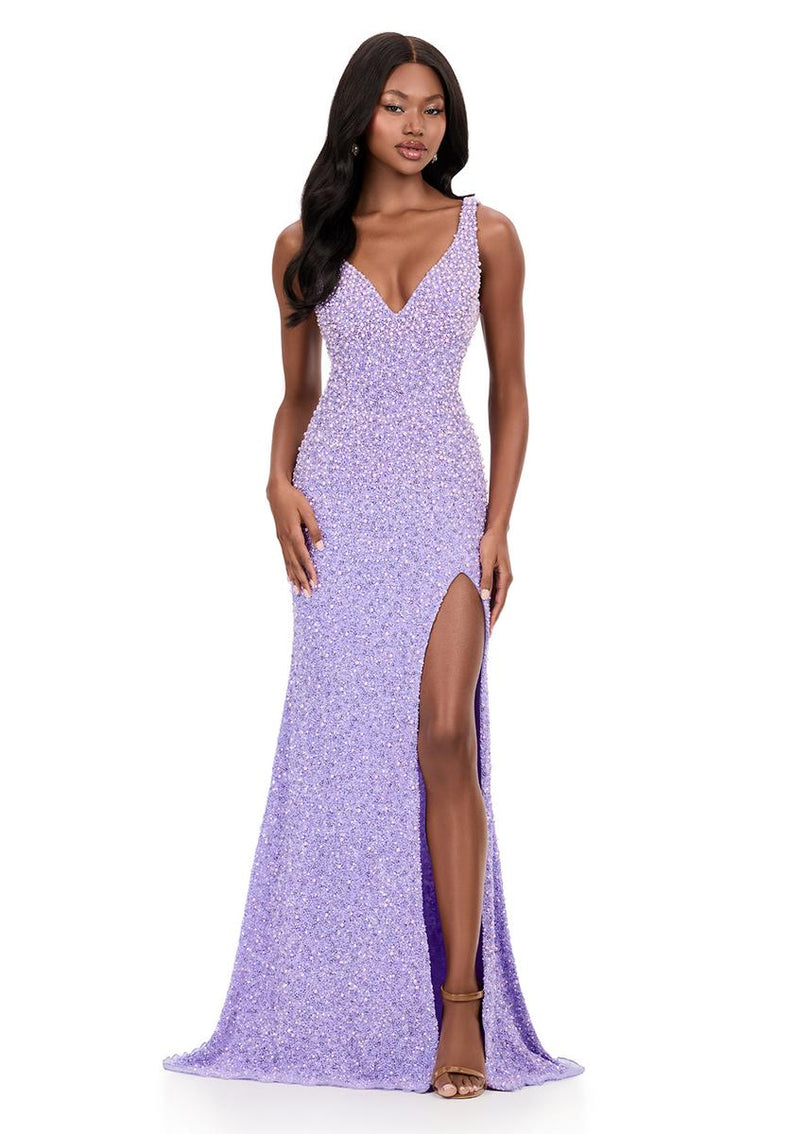 ASHLEYlauren Open Back Fitted Beaded Prom Dress 12243